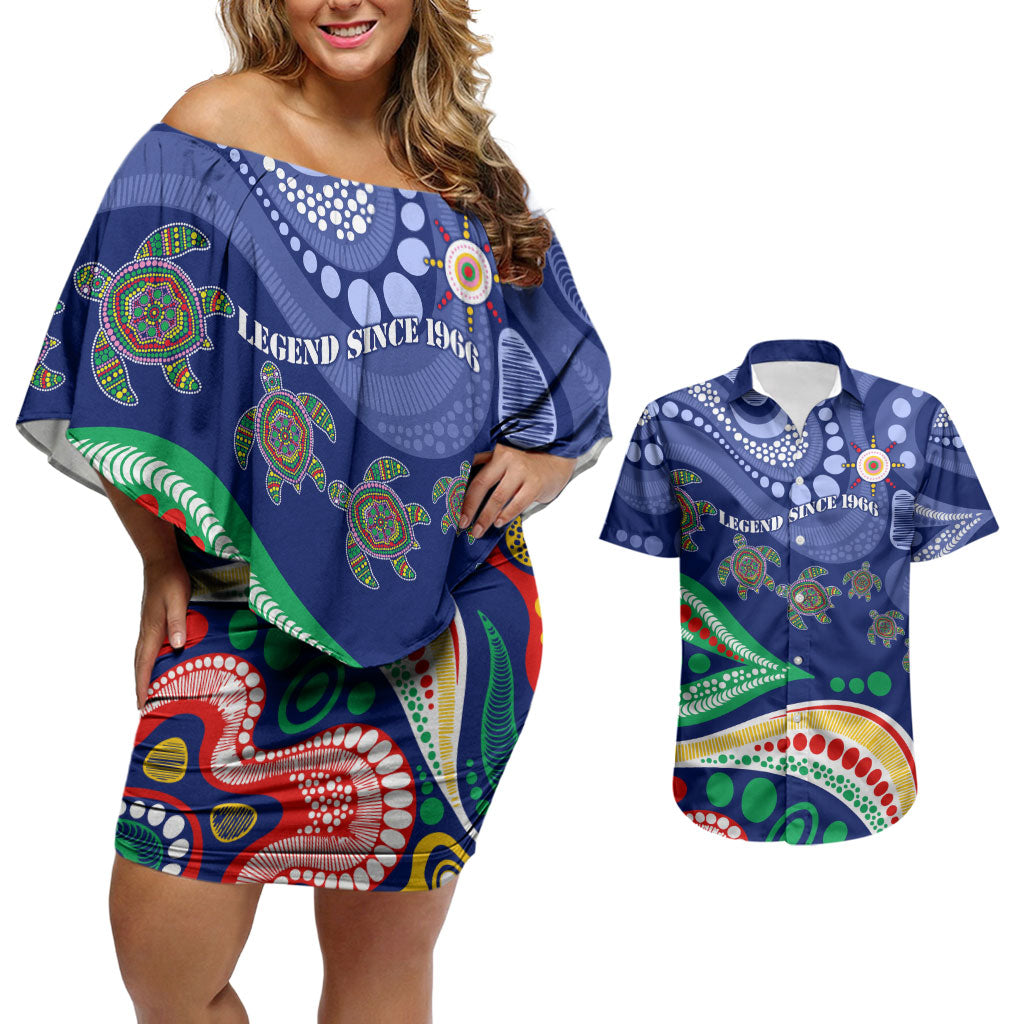 Personalized 60th Birthday Aboriginal Art Couples Matching Off Shoulder Short Dress and Hawaiian Shirt Indigenous Sea Turtle Dot Painting Cultural Dancing