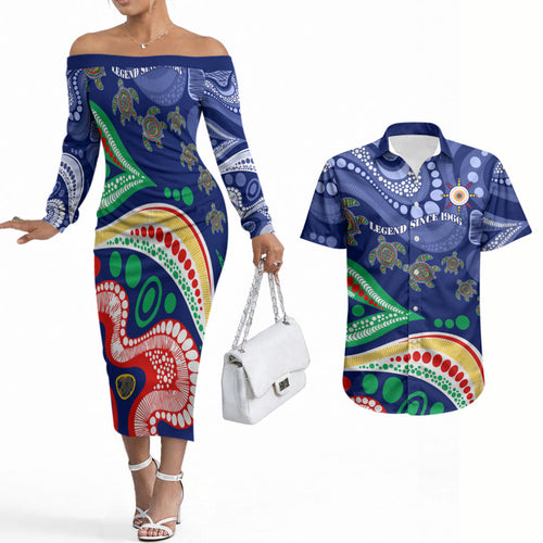 Personalized 60th Birthday Aboriginal Art Couples Matching Off The Shoulder Long Sleeve Dress and Hawaiian Shirt Indigenous Sea Turtle Dot Painting Cultural Dancing