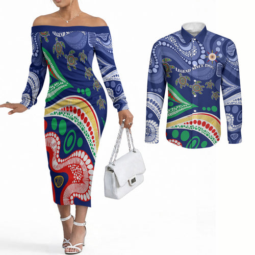 Personalized 60th Birthday Aboriginal Art Couples Matching Off The Shoulder Long Sleeve Dress and Long Sleeve Button Shirt Indigenous Sea Turtle Dot Painting Cultural Dancing