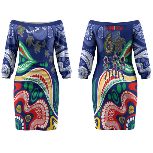 Personalized 60th Birthday Aboriginal Art Couples Matching Off The Shoulder Long Sleeve Dress and Long Sleeve Button Shirt Indigenous Sea Turtle Dot Painting Cultural Dancing