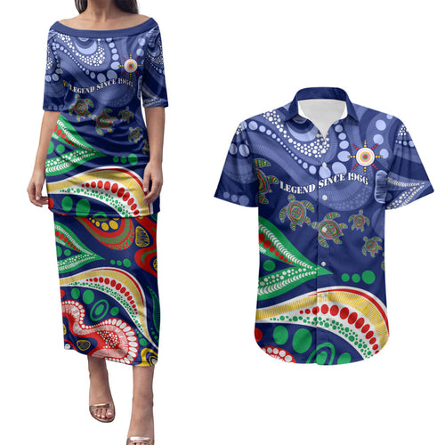 Personalized 60th Birthday Aboriginal Art Couples Matching Puletasi and Hawaiian Shirt Indigenous Sea Turtle Dot Painting Cultural Dancing