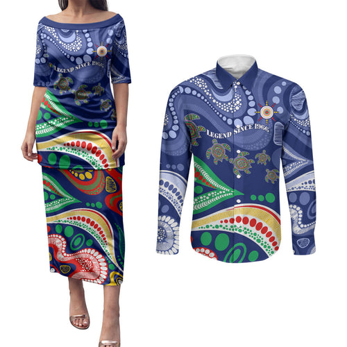 Personalized 60th Birthday Aboriginal Art Couples Matching Puletasi and Long Sleeve Button Shirt Indigenous Sea Turtle Dot Painting Cultural Dancing