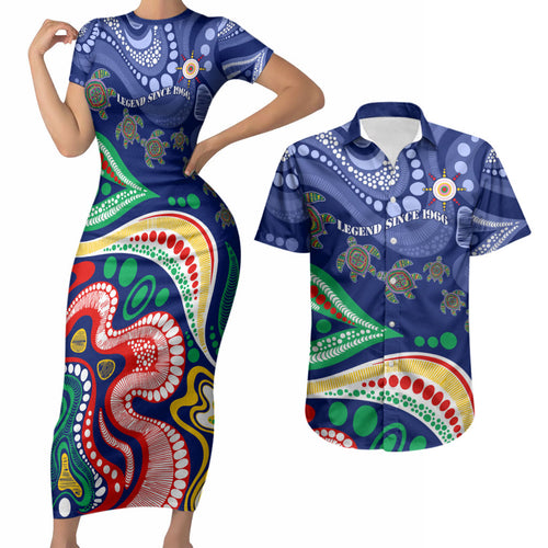 Personalized 60th Birthday Aboriginal Art Couples Matching Short Sleeve Bodycon Dress and Hawaiian Shirt Indigenous Sea Turtle Dot Painting Cultural Dancing