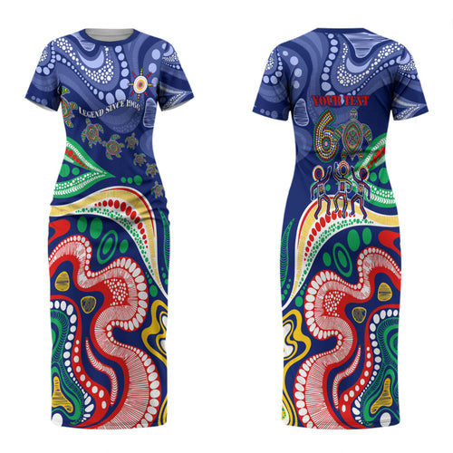 Personalized 60th Birthday Aboriginal Art Couples Matching Short Sleeve Bodycon Dress and Hawaiian Shirt Indigenous Sea Turtle Dot Painting Cultural Dancing
