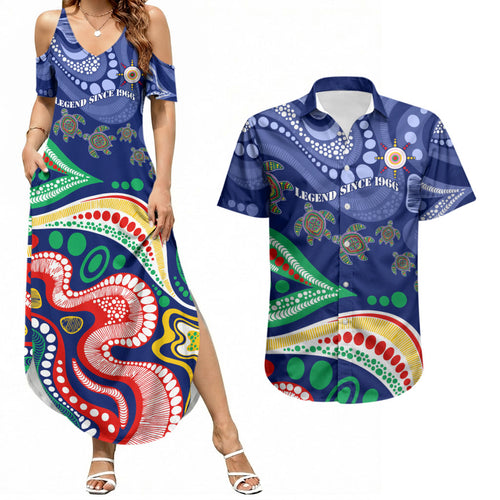 Personalized 60th Birthday Aboriginal Art Couples Matching Summer Maxi Dress and Hawaiian Shirt Indigenous Sea Turtle Dot Painting Cultural Dancing