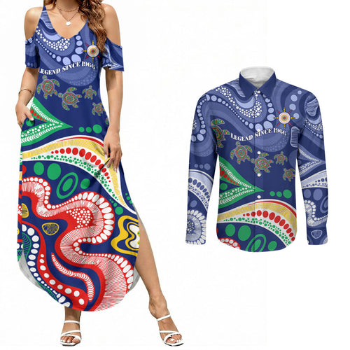 Personalized 60th Birthday Aboriginal Art Couples Matching Summer Maxi Dress and Long Sleeve Button Shirt Indigenous Sea Turtle Dot Painting Cultural Dancing
