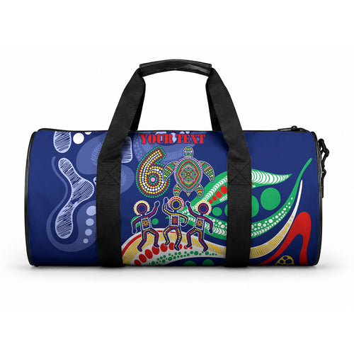 Personalized 60th Birthday Aboriginal Art Duffle Bag Indigenous Sea Turtle Dot Painting Cultural Dancing
