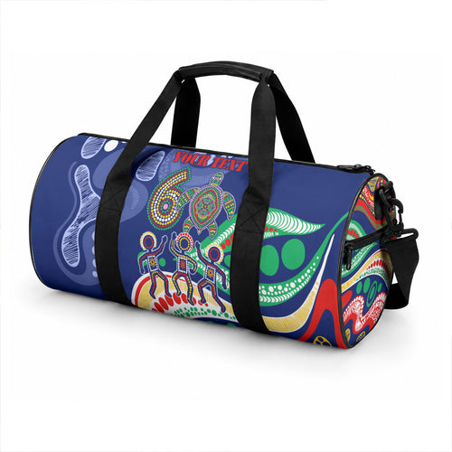 Personalized 60th Birthday Aboriginal Art Duffle Bag Indigenous Sea Turtle Dot Painting Cultural Dancing