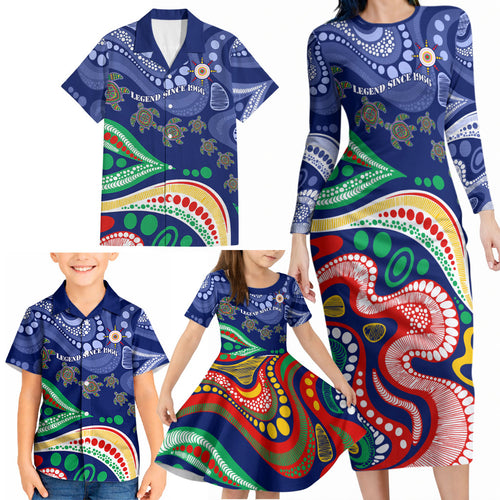 Personalized 60th Birthday Aboriginal Art Family Matching Long Sleeve Bodycon Dress and Hawaiian Shirt Indigenous Sea Turtle Dot Painting Cultural Dancing