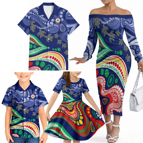 Personalized 60th Birthday Aboriginal Art Family Matching Off The Shoulder Long Sleeve Dress and Hawaiian Shirt Indigenous Sea Turtle Dot Painting Cultural Dancing