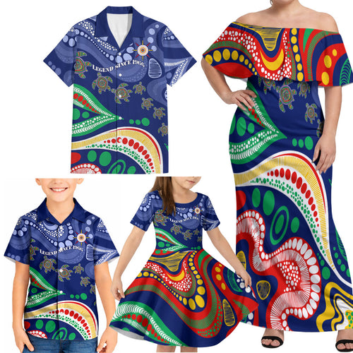Personalized 60th Birthday Aboriginal Art Family Matching Off Shoulder Maxi Dress and Hawaiian Shirt Indigenous Sea Turtle Dot Painting Cultural Dancing
