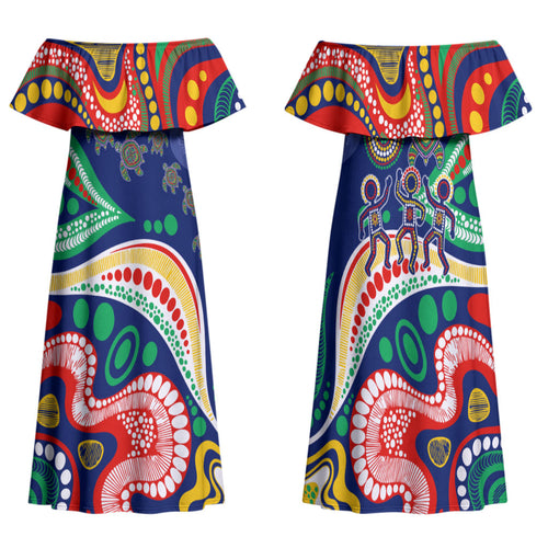 Personalized 60th Birthday Aboriginal Art Family Matching Off Shoulder Maxi Dress and Hawaiian Shirt Indigenous Sea Turtle Dot Painting Cultural Dancing
