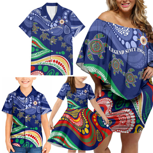 Personalized 60th Birthday Aboriginal Art Family Matching Off Shoulder Short Dress and Hawaiian Shirt Indigenous Sea Turtle Dot Painting Cultural Dancing