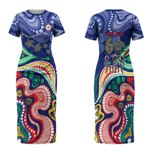 Personalized 60th Birthday Aboriginal Art Family Matching Short Sleeve Bodycon Dress and Hawaiian Shirt Indigenous Sea Turtle Dot Painting Cultural Dancing