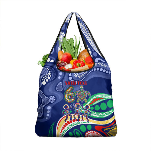 Personalized 60th Birthday Aboriginal Art Grocery Bag Indigenous Sea Turtle Dot Painting Cultural Dancing