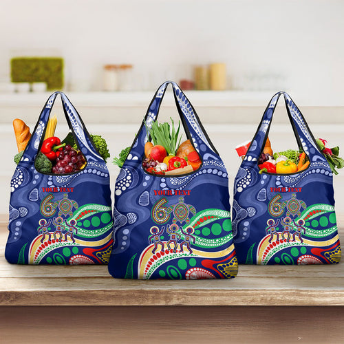 Personalized 60th Birthday Aboriginal Art Grocery Bag Indigenous Sea Turtle Dot Painting Cultural Dancing