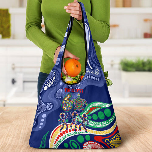 Personalized 60th Birthday Aboriginal Art Grocery Bag Indigenous Sea Turtle Dot Painting Cultural Dancing