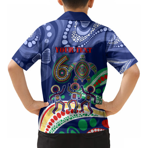 Personalized 60th Birthday Aboriginal Art Kid Hawaiian Shirt Indigenous Sea Turtle Dot Painting Cultural Dancing