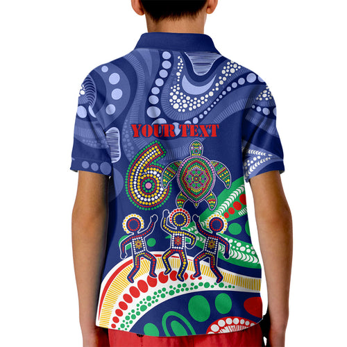 Personalized 60th Birthday Aboriginal Art Kid Polo Shirt Indigenous Sea Turtle Dot Painting Cultural Dancing