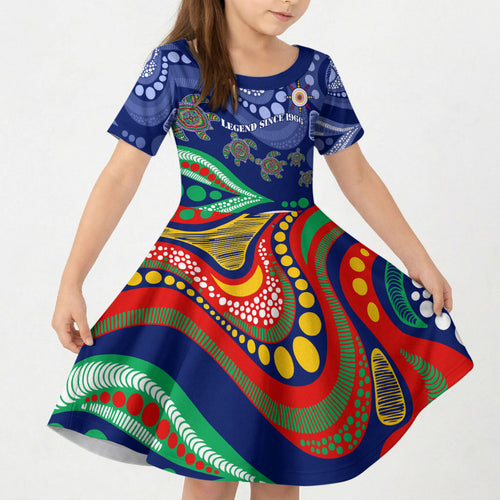 Personalized 60th Birthday Aboriginal Art Kid Short Sleeve Dress Indigenous Sea Turtle Dot Painting Cultural Dancing