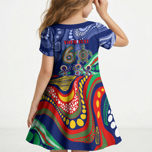 Personalized 60th Birthday Aboriginal Art Kid Short Sleeve Dress Indigenous Sea Turtle Dot Painting Cultural Dancing