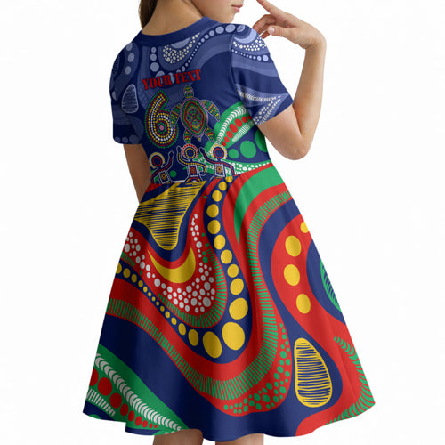 Personalized 60th Birthday Aboriginal Art Kid Short Sleeve Dress Indigenous Sea Turtle Dot Painting Cultural Dancing