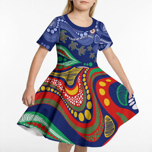 Personalized 60th Birthday Aboriginal Art Kid Short Sleeve Dress Indigenous Sea Turtle Dot Painting Cultural Dancing
