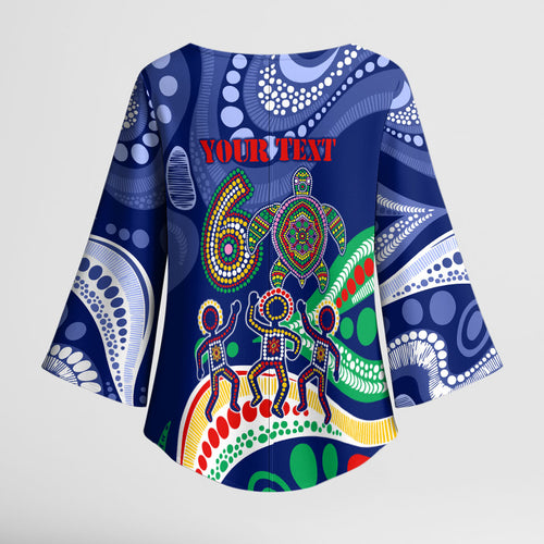Personalized 60th Birthday Aboriginal Art Kimono Sleeve Blouse Indigenous Sea Turtle Dot Painting Cultural Dancing