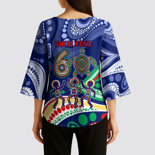 Personalized 60th Birthday Aboriginal Art Kimono Sleeve Blouse Indigenous Sea Turtle Dot Painting Cultural Dancing