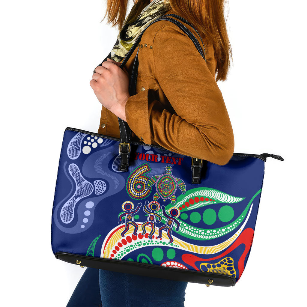 Personalized 60th Birthday Aboriginal Art Leather Tote Bag Indigenous Sea Turtle Dot Painting Cultural Dancing