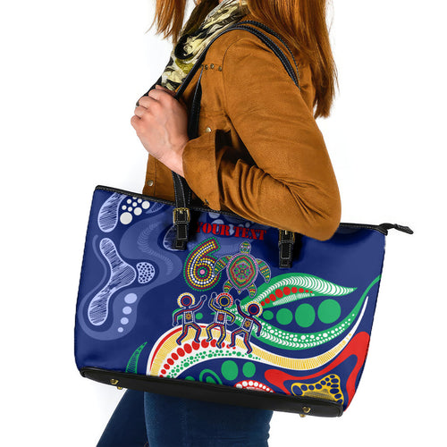 Personalized 60th Birthday Aboriginal Art Leather Tote Bag Indigenous Sea Turtle Dot Painting Cultural Dancing