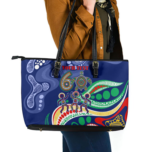 Personalized 60th Birthday Aboriginal Art Leather Tote Bag Indigenous Sea Turtle Dot Painting Cultural Dancing