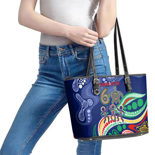 Personalized 60th Birthday Aboriginal Art Leather Tote Bag Indigenous Sea Turtle Dot Painting Cultural Dancing