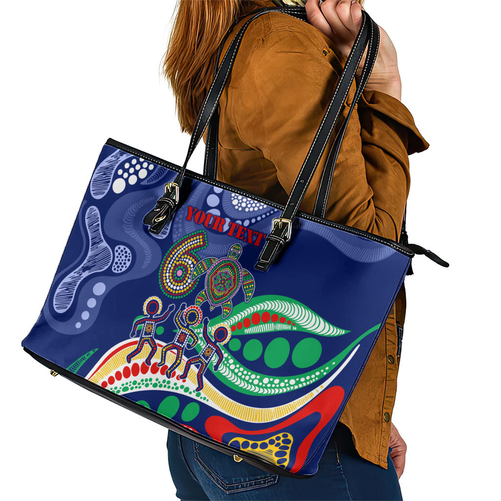Personalized 60th Birthday Aboriginal Art Leather Tote Bag Indigenous Sea Turtle Dot Painting Cultural Dancing