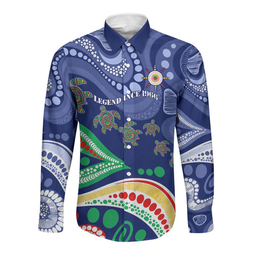 Personalized 60th Birthday Aboriginal Art Long Sleeve Button Shirt Indigenous Sea Turtle Dot Painting Cultural Dancing