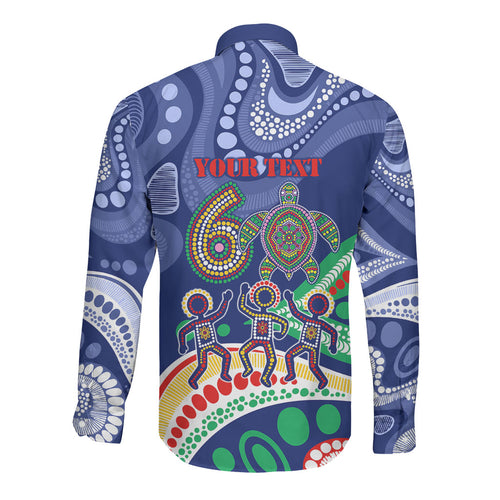 Personalized 60th Birthday Aboriginal Art Long Sleeve Button Shirt Indigenous Sea Turtle Dot Painting Cultural Dancing