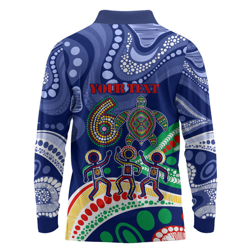 Personalized 60th Birthday Aboriginal Art Long Sleeve Polo Shirt Indigenous Sea Turtle Dot Painting Cultural Dancing