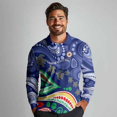 Personalized 60th Birthday Aboriginal Art Long Sleeve Polo Shirt Indigenous Sea Turtle Dot Painting Cultural Dancing