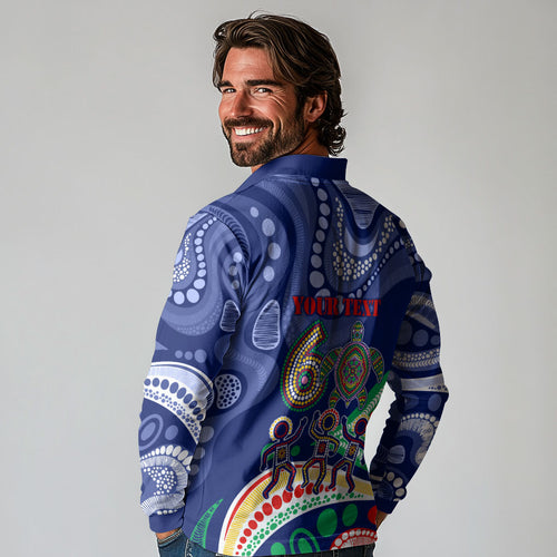 Personalized 60th Birthday Aboriginal Art Long Sleeve Polo Shirt Indigenous Sea Turtle Dot Painting Cultural Dancing