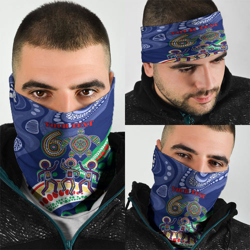 Personalized 60th Birthday Aboriginal Art Neck Gaiter Indigenous Sea Turtle Dot Painting Cultural Dancing
