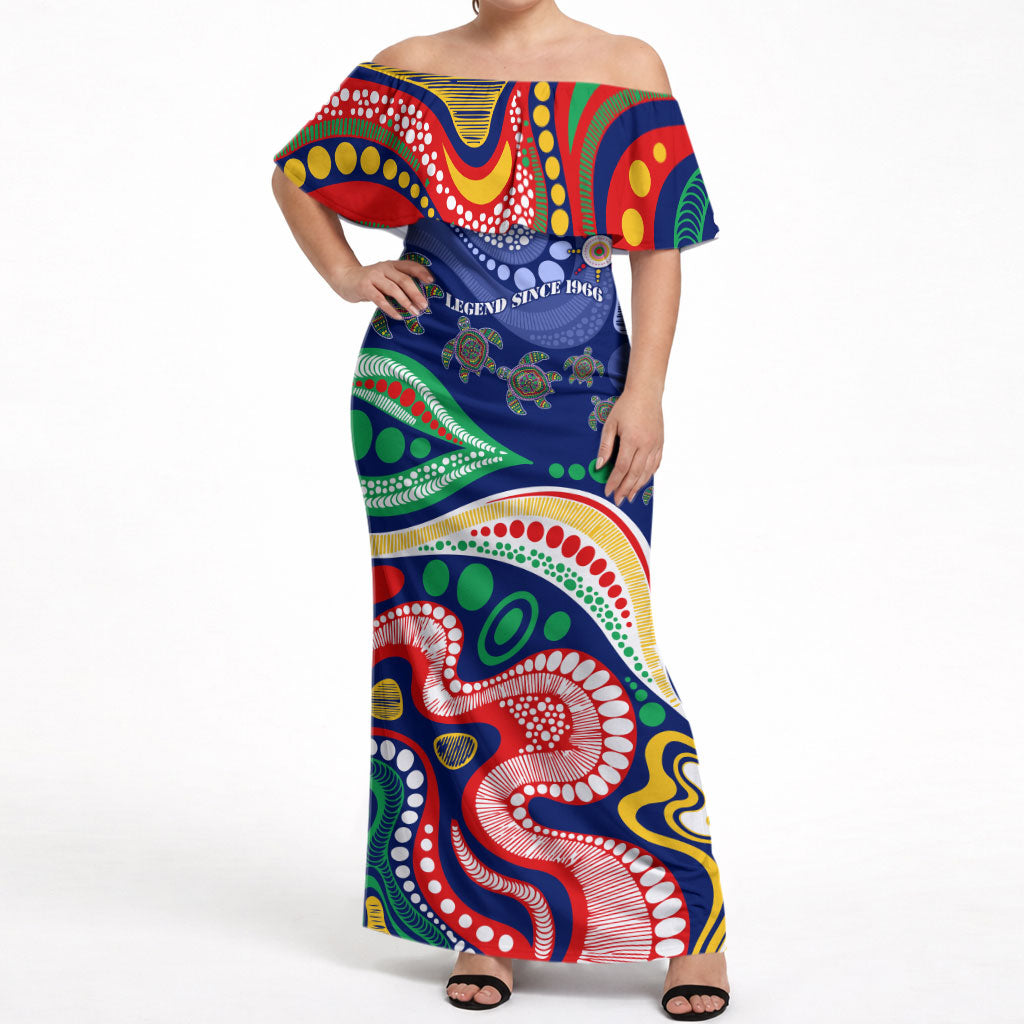 Personalized 60th Birthday Aboriginal Art Off Shoulder Maxi Dress Indigenous Sea Turtle Dot Painting Cultural Dancing