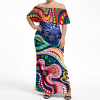 Personalized 60th Birthday Aboriginal Art Off Shoulder Maxi Dress Indigenous Sea Turtle Dot Painting Cultural Dancing