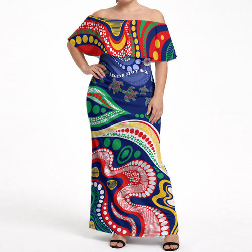 Personalized 60th Birthday Aboriginal Art Off Shoulder Maxi Dress Indigenous Sea Turtle Dot Painting Cultural Dancing