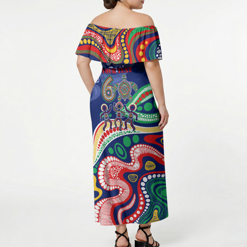 Personalized 60th Birthday Aboriginal Art Off Shoulder Maxi Dress Indigenous Sea Turtle Dot Painting Cultural Dancing