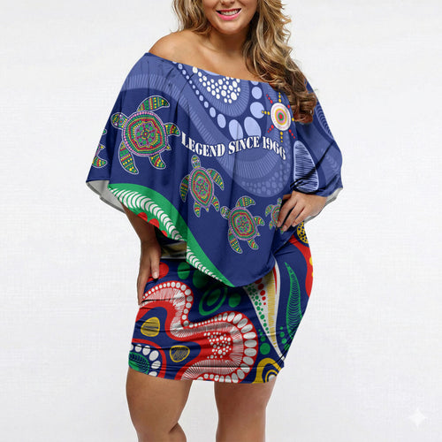 Personalized 60th Birthday Aboriginal Art Off Shoulder Short Dress Indigenous Sea Turtle Dot Painting Cultural Dancing