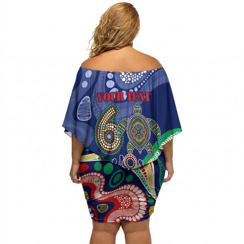 Personalized 60th Birthday Aboriginal Art Off Shoulder Short Dress Indigenous Sea Turtle Dot Painting Cultural Dancing