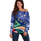 Personalized 60th Birthday Aboriginal Art Off Shoulder Sweater Indigenous Sea Turtle Dot Painting Cultural Dancing