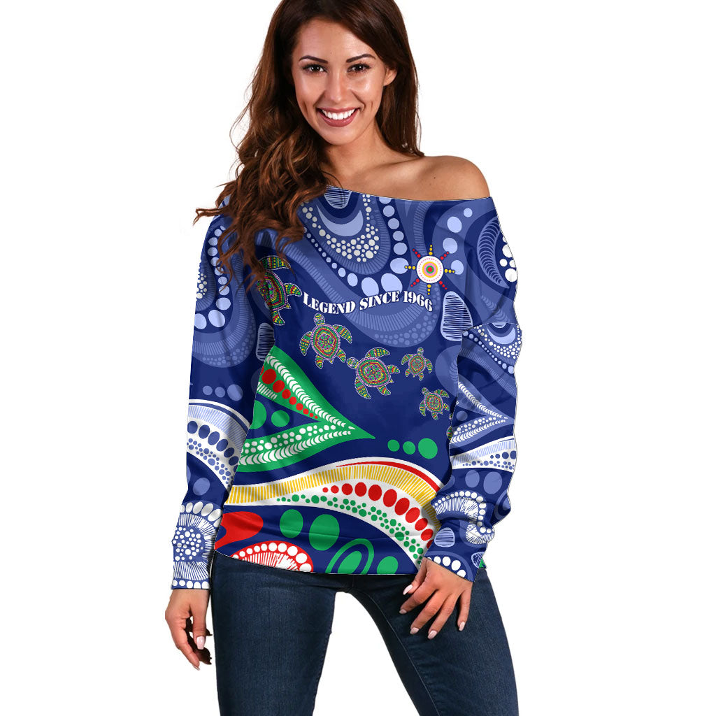 Personalized 60th Birthday Aboriginal Art Off Shoulder Sweater Indigenous Sea Turtle Dot Painting Cultural Dancing