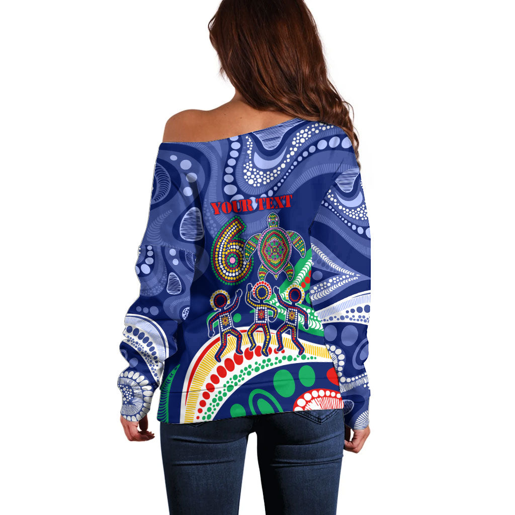 Personalized 60th Birthday Aboriginal Art Off Shoulder Sweater Indigenous Sea Turtle Dot Painting Cultural Dancing