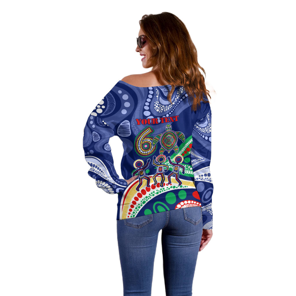 Personalized 60th Birthday Aboriginal Art Off Shoulder Sweater Indigenous Sea Turtle Dot Painting Cultural Dancing